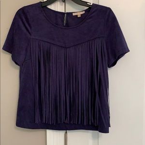 Blue fringe suede top